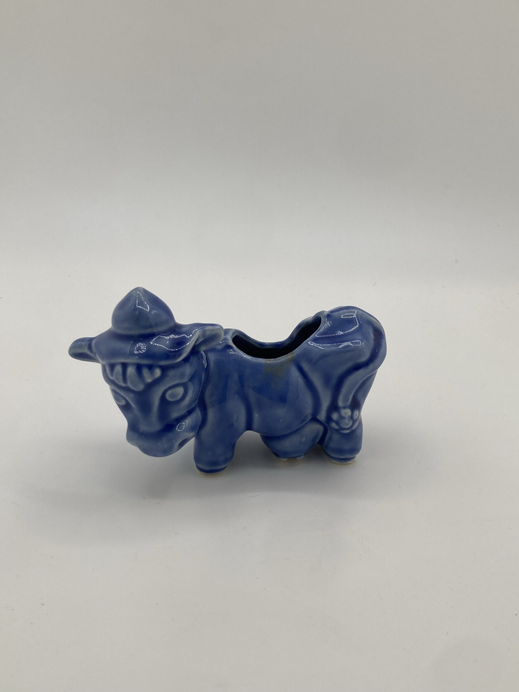 Vintage Blue Ceramic Donkey Planter Western Cowboy Hat Figural Pot